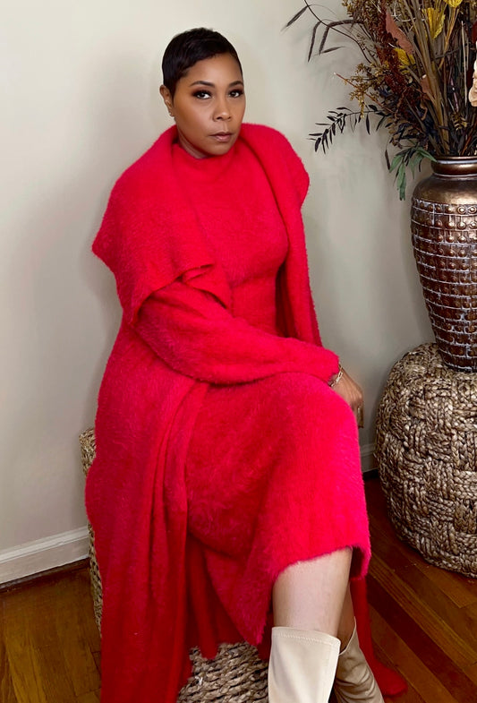 Cardigan Dress Set -Red